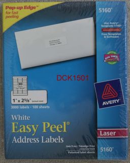 Avery 5160 White Laser Easy Peel Address Labels 1 x 2 5/8