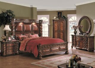  Panel Bed w Leather Marble Top 5 Piece Bedroom Furniture Set