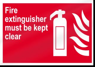 safety sign reads fire extinguisher must be kept clear fire