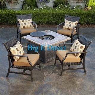  pc Propane Firepit Table Set Cushion Aluminum Frame Wicker Back Chairs