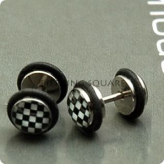 Checker Fake Piercing Cheater Plug Logo Earrings Pair