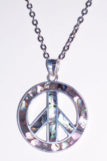 Large 925 Silver Abalone Peace Sign Pendant Necklace