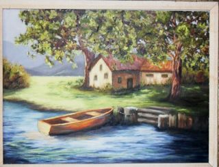  Original Art Framed Vintage Landscape Lake Boat Dock Farmland