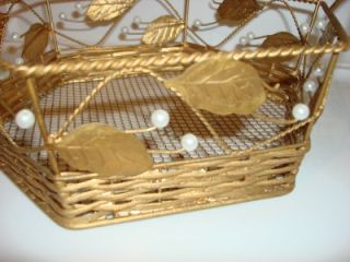 Vintage Gold Metal Wire Gift Basket White Beads Leaves
