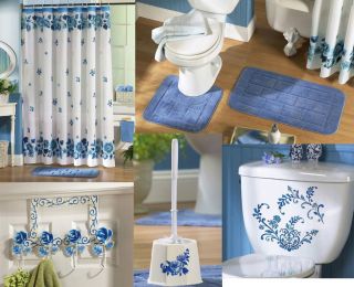 Blue Rose Floral Flower White Shower Curtain Bath Rug Mat Set Bathroom