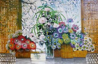 Michel Henry French Impressionist Flower Arrangement Oil on Canvas