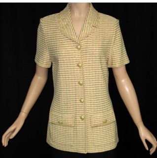 ST. JOHN COLLECTION Marie Gray Gold Knit with Stripe Short Sleeves