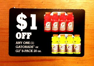 20 FOOD DRINK SODA COUPONS 1 00 OFF ANY 1 GATORADE OR G2 8 PACK 20oz