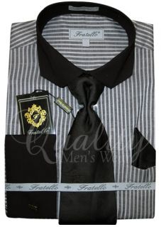 Fratello 2 Colors Clip Collar Pinstripe Dress Shirt French Cuff Tie