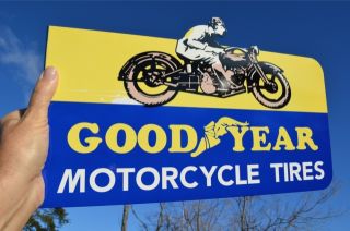  Motorcycle Goodyear Tire Wing Foot Old Cycle Steel Sign Mint