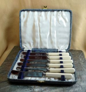 Boxed 6 Frank Wood Fruit Knives Stainless Blades Cream Handles