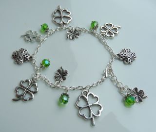 St Patricks Irish Four Leaf Clover Green Crystal Charm Bracelet