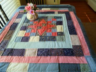 Quilted Table Cover Handstitched Quilt Blue & Rose Flower Prints Free