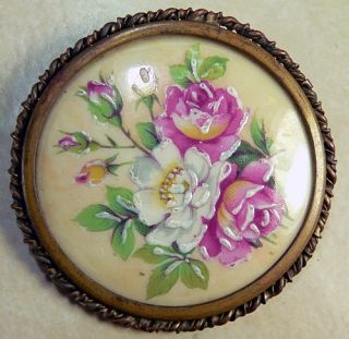  Painted Rose Flower Limoges France Porcelain Floral Pin Brooch