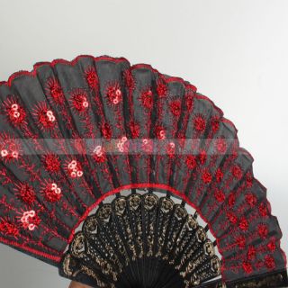  Fashion Elegant Charming Noble Black Lace With Red Sequins Folding Fan