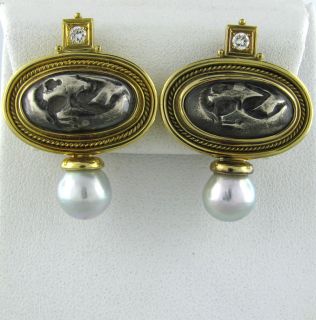 Estate Elizabeth Gage 18K Gold Pearl Diamond Earrings