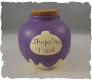 Purple Shopping Fund Piggy Bank Money Jar w Cork Lid