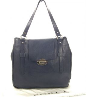 Furla Elektra Navy Blue Leather Tote Handbag New