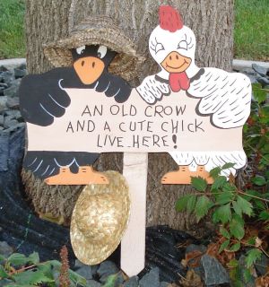 Outdoor Garden Wood Sign AN OLD CROW AND A CUTE CHICK LIVE HERE with