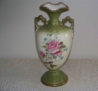 Antique Thomas Forrester England 11 Tall 2 Handle Vase Pink Floral 100