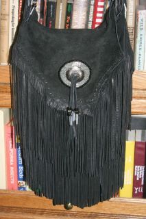 Large Black Fringe Leather Handbag Purse Unused Handmade by Skull