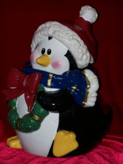 GANZ CERAMIC CHRISTMAS PENGUIN COOKIE JAR ~ WITH TAG ~ TOO CUTE