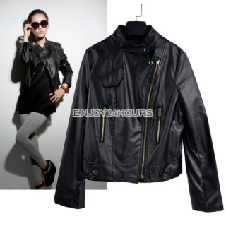 Black Womens Lapel Zipper PU Leather Short Jacket Tops Coat Outerwear