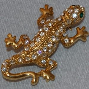 Lizard Gecko Brooch Pin 24K Gold Color with Swarovski Crystal Reptile