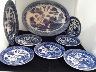 Lot of 7 Blue Willow Occupied Japan Pieces 1 Platter 1 Plate 5 Saucers