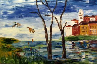 Freedom Original Oil Painting Malorcka Palette Knife Town Lake Ducks