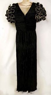 George F Couture Vintage 80s Black Pleated Formal Gown Dress Puff