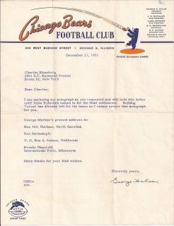 GEORGE HALAS Autograph Chicago Bears Letter Football Hall of Fame