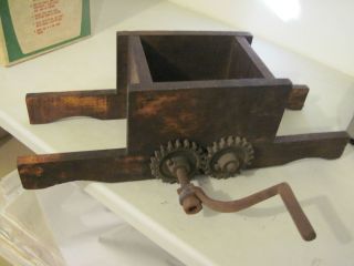 Vintage Wood Grape Fruit Crusher with Crank and Wood Rolls Antique