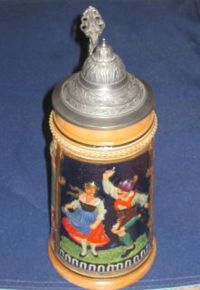 Lidded German Beer Stein Features Dancing Couple and Printed Quote