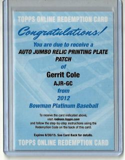 GERRIT COLE 2012 Bowman Platinum Auto Jumbo Relic Printing Plate SP 1