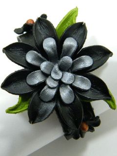 Genuine Leather Gerbera Flower Cuff Bracelet CAB3 Black