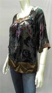 Gaby L Eden Misses s Blouse Top Brown Floral 3 4 Sleeve Shirt Designer