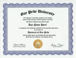 Gay Pride Diploma Homosexual Homosexuality Gag Gift