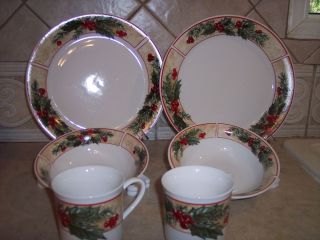 GIBSON DISHES DINNER WARE 6 pc SET HOLLY BERRY HOLIDAY PLATE BOWL CUP