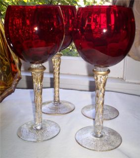 VINTAGE WINE GLASSES GOBLETS 4 RUBY RED OPTIC TWISTED SPIRAL STEMS