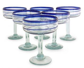 BLUE SWIRLS MARGARITA GLASSES Mexican HAND BLOWN GLASS SET (6) Fair