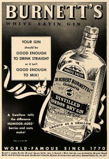 1937 Ad Burnetts White Satin Gin London Dry Humidor Age   ORIGINAL