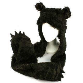  Fuzzy Animal Fur Scarf Trapper Hat w Paw Gloves Mittens Black