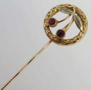 Antique French 18K Gold Tie Hat Lapel Stick Pin Ruby Yellow Green