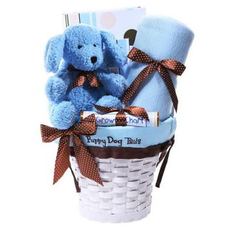 Puppy Dog Baby Boy Newborn Gift Basket w/ Blanket Frame & Growth Chart
