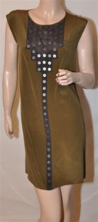 Geren Ford Satin Rivet Panel Shift Olive Dress Size XS