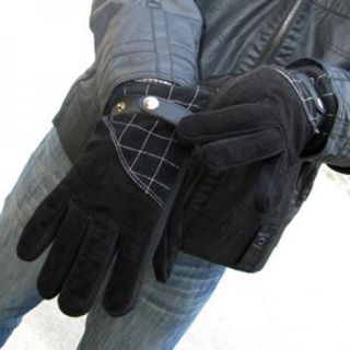 New Fashion Men Grid Leather Mittens Double Warm Winter Plush Inner