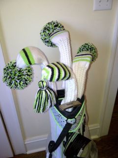 Hand Knit Golf Club Head Covers Set of Four New White Lime Green Black