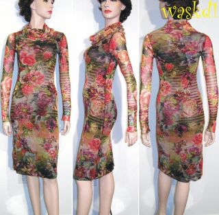 Jean Paul Gaultier Green M Striped Flowers Cowlneck Dress Authentic