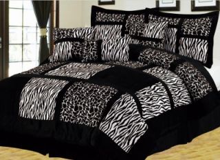  Zebra & Giraffe Patchwork Print Micro Suede Queen Size Comforter Set